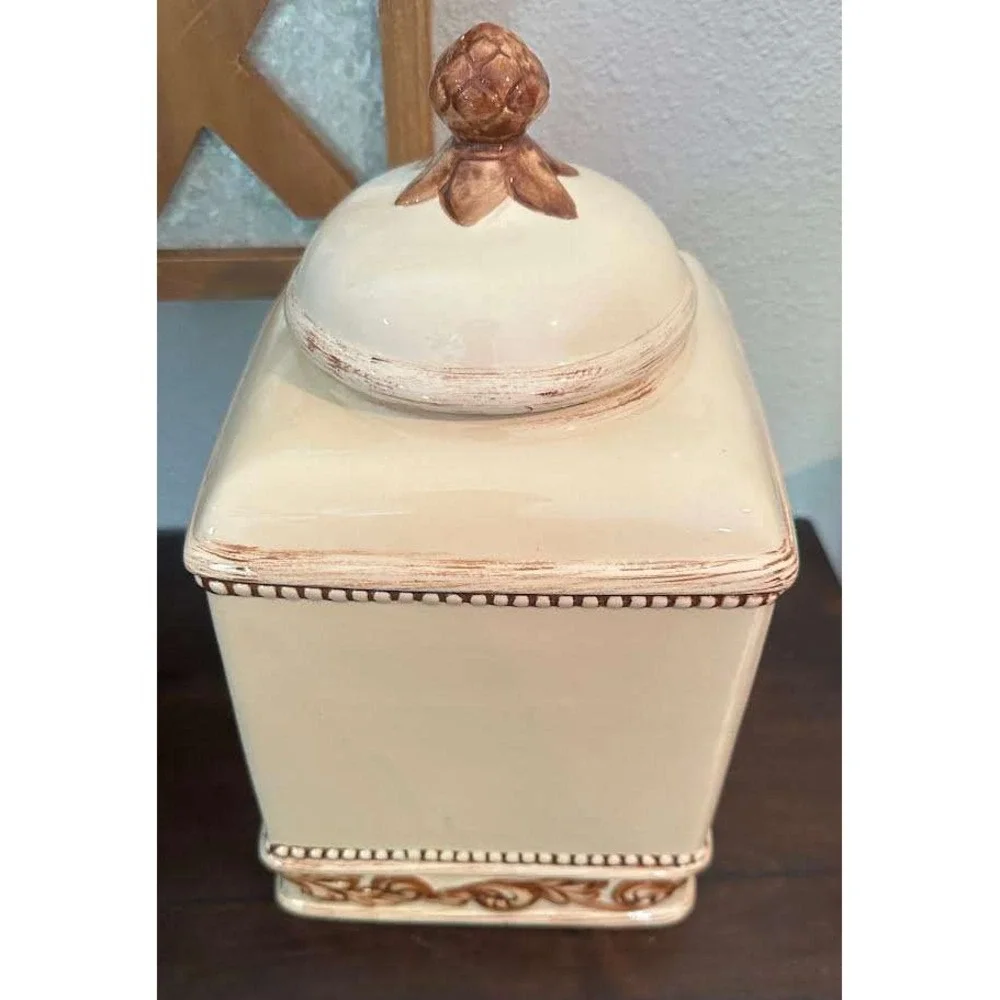 Nonnis Ceramic Biscotti Jar Cream Brown Artichoke Finial Kitchen Canister